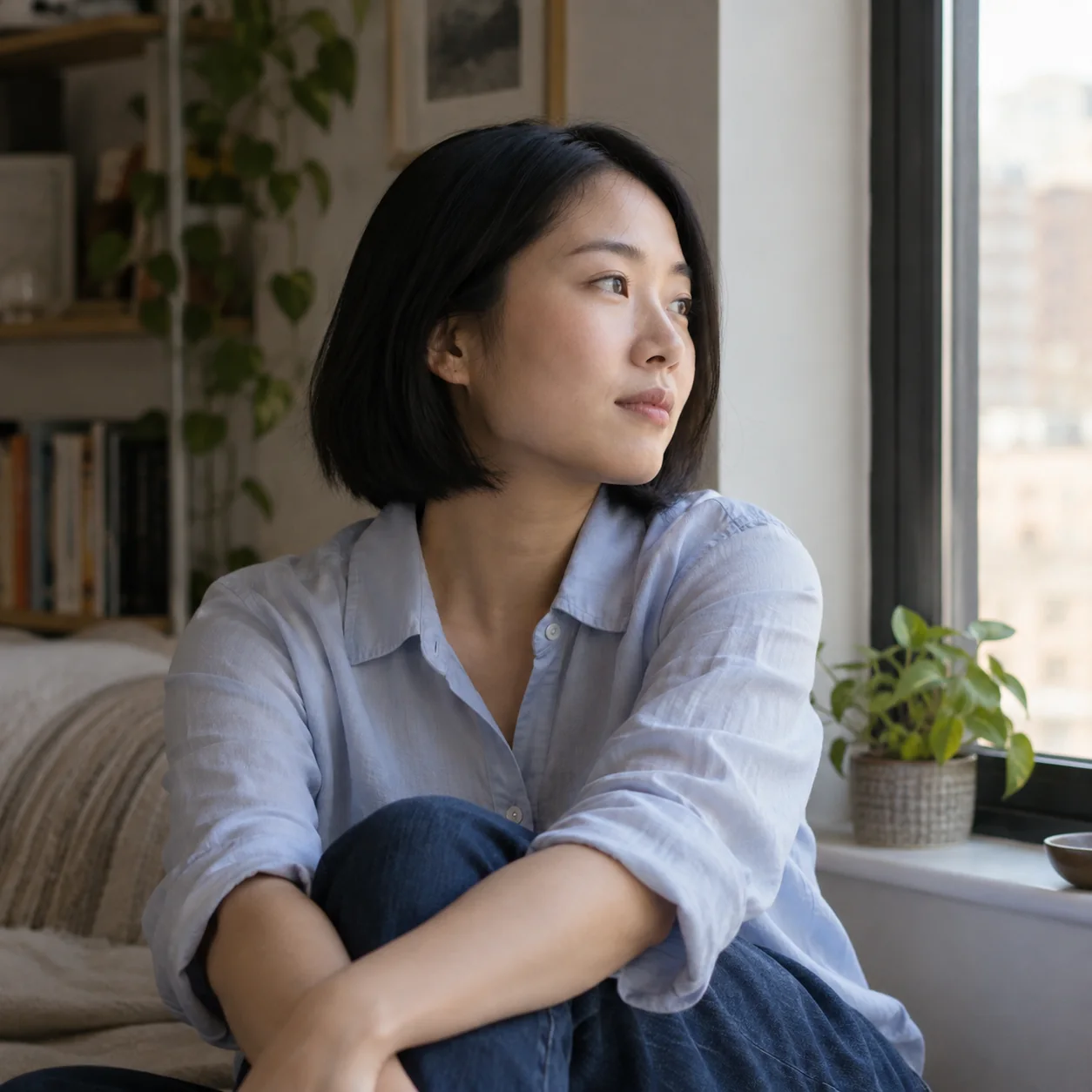 Woman in a blue shirt reflecting beside a sunlit window
